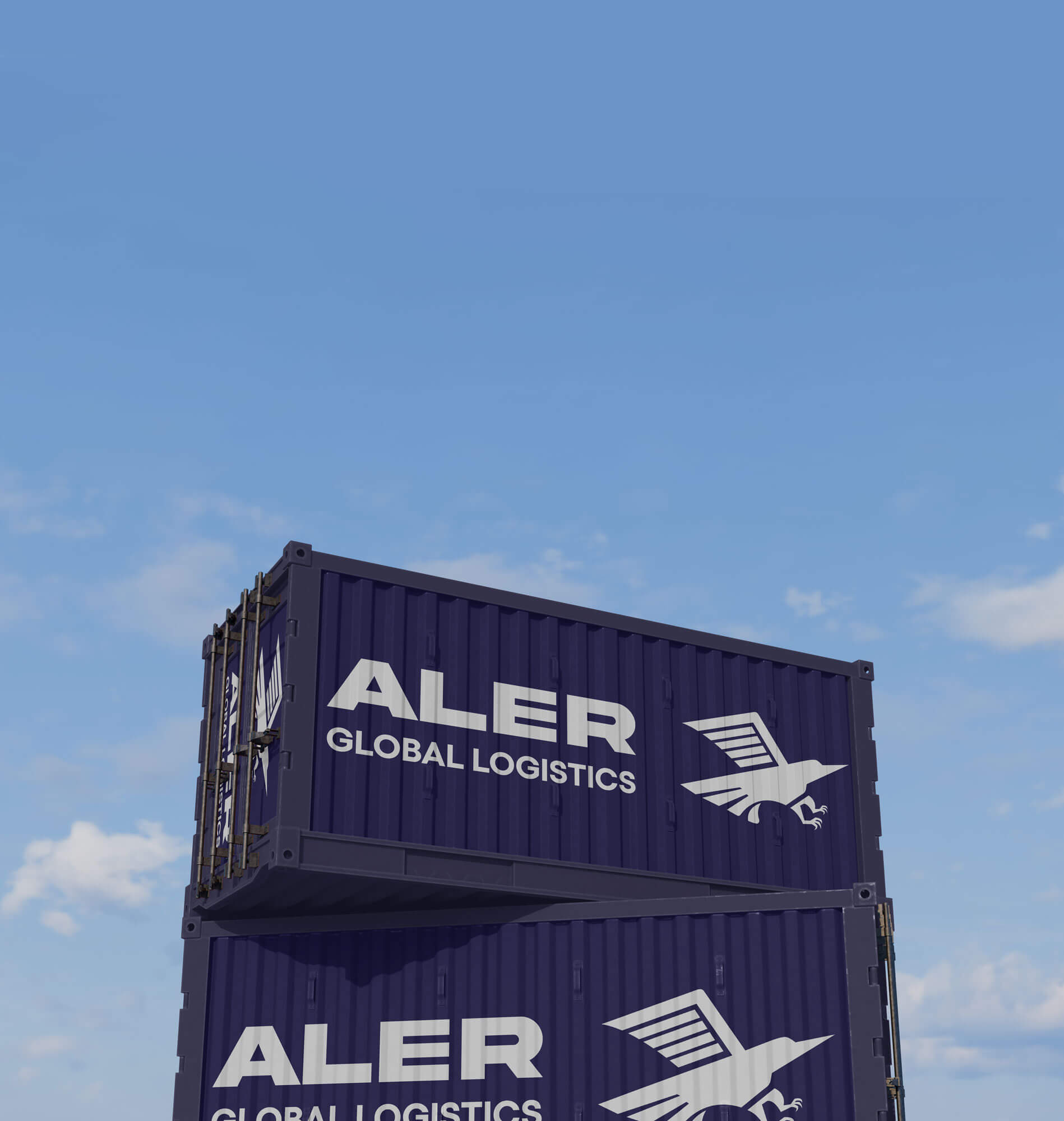 Two stacked blue shipping containers, both labeled 'ALER Global Logistics' with a stylized bird logo on the side, are set against a clear blue sky. The upper container appears to be slightly offset from the lower one, creating a dynamic composition. The bright sky provides a clean, minimalist backdrop that emphasizes the branding on the containers.