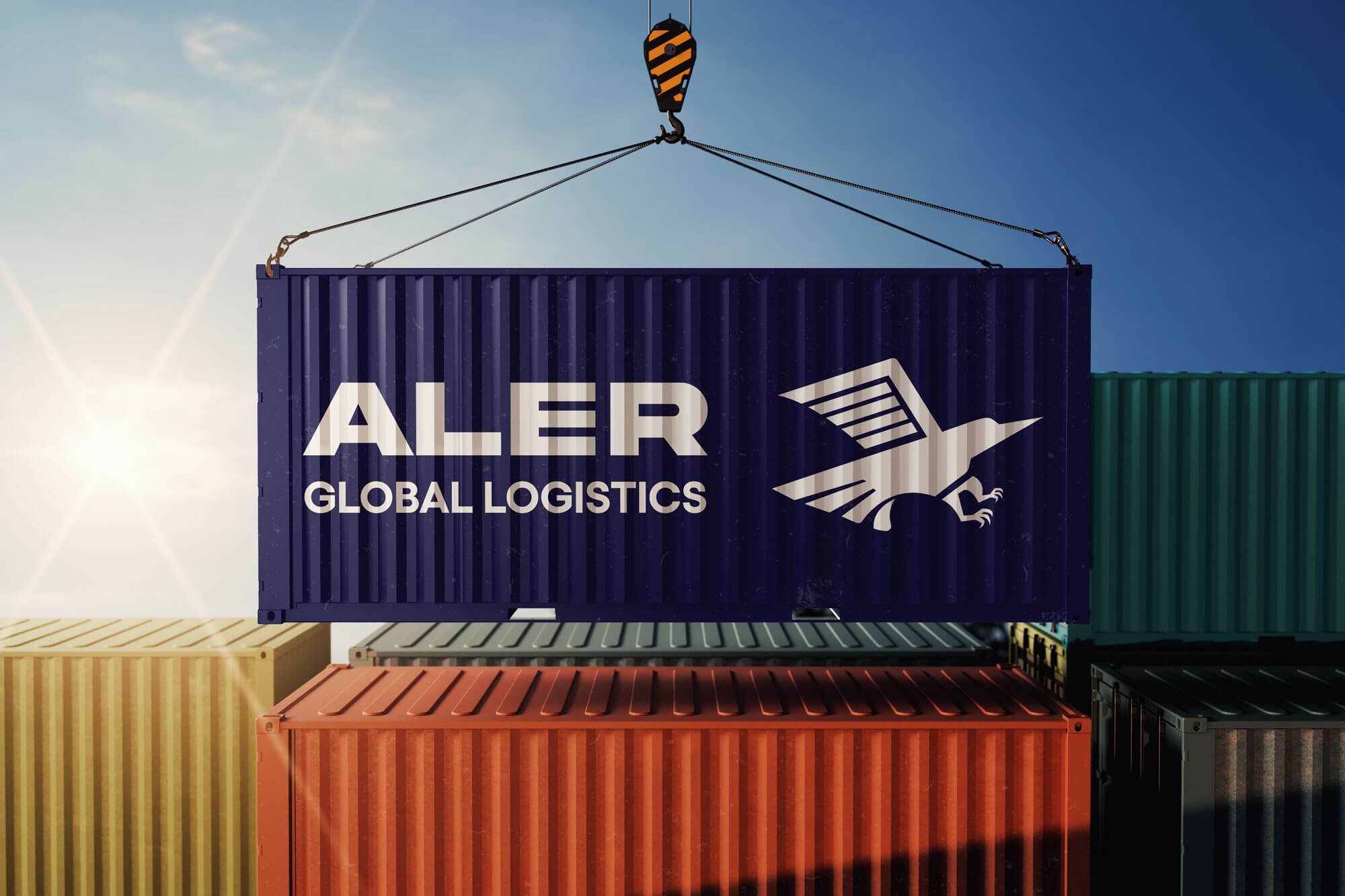 A blue shipping container marked with 'ALER Global Logistics' and a stylized bird logo is being hoisted by a crane. The container is suspended above stacks of other containers in various colors, including yellow, orange, and green. The bright sun in the background casts a warm glow, adding a dynamic lighting effect, while the clear sky enhances the focus on the container.